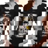 Messy Bun Mom Of Both Baseball Softball Busy Raising Ballers  Women V-Neck T-Shirt