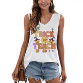 Groovy Halloween Trick Or Teach Retro Floral Ghost Teacher  V55 Women's V-neck Casual Sleeveless Tank Top