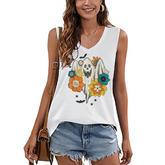 Retro Vintage Groovy Pumpkin Halloween Colors Flower Ghost  Women's V-neck Casual Sleeveless Tank Top