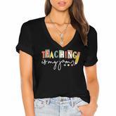 Teaching Is My Jam Blessed Teacher Fun Design For A Teacher  Women's Jersey Short Sleeve Deep V-Neck Tshirt