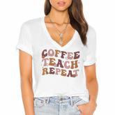 Back To School Coffee Teach Repeat Teacher Life Motivational  Women's Jersey Short Sleeve Deep V-Neck Tshirt