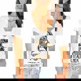 Classy Teacher Life Messy Hair Bun Leopard Women Mothers Day  Women's Jersey Short Sleeve Deep V-Neck Tshirt