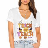 Groovy Halloween Trick Or Teach Retro Floral Ghost Teacher  V55 Women's Jersey Short Sleeve Deep V-Neck Tshirt