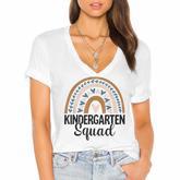 Kindergarten Squad Kinder First Day Rainbow Teacher Student  Women's Jersey Short Sleeve Deep V-Neck Tshirt