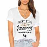 Pregnancy Announcement First Time Grandmommy Est2022 Floral  Women's Jersey Short Sleeve Deep V-Neck Tshirt