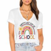 Rainbow Happy Last Day Of School Teacher Student Graduation  V2 Women's Jersey Short Sleeve Deep V-Neck Tshirt