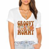 Retro Groovy Mommy Matching Family 1St Birthday Party  Women's Jersey Short Sleeve Deep V-Neck Tshirt