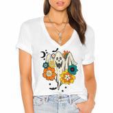 Retro Vintage Groovy Pumpkin Halloween Colors Flower Ghost  Women's Jersey Short Sleeve Deep V-Neck Tshirt