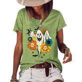 Retro Vintage Groovy Pumpkin Halloween Colors Flower Ghost  Women's Short Sleeve Loose T-shirt