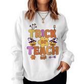 Groovy Halloween Trick Or Teach Retro Floral Ghost Teacher  V55 Women Crewneck Graphic Sweatshirt