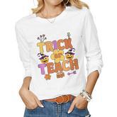 Groovy Halloween Trick Or Teach Retro Floral Ghost Teacher  V55 Women Graphic Long Sleeve T-shirt