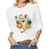 Retro Vintage Groovy Pumpkin Halloween Colors Flower Ghost  Women Graphic Long Sleeve T-shirt