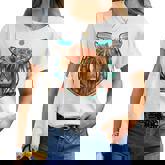 Floral Highland Cow Heifer Horseshoe Western Country Cowboy Women T-shirt