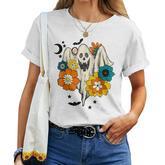Retro Vintage Groovy Pumpkin Halloween Colors Flower Ghost Women T-shirt
