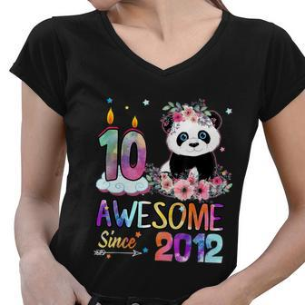 10 Years Old Awesome Since 2012 10Th Birthday Panda Unicorn Women V-Neck T-Shirt - Monsterry