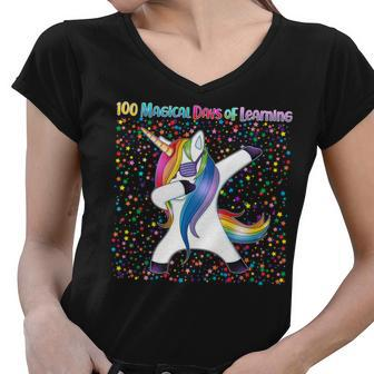 100 Magical Days Of Learning Dabbing Unicorn Graphic Design Printed Casual Daily Basic Women V-Neck T-Shirt