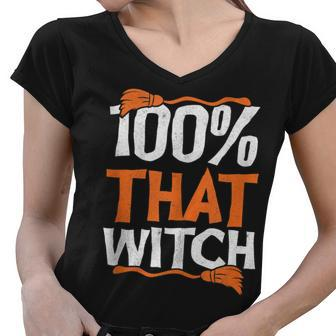 100 That Witch On Broom Halloween Women V-Neck T-Shirt - Seseable
