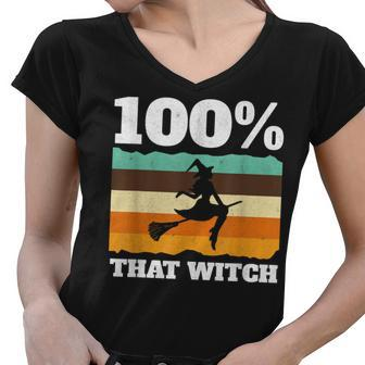 100 That Witch On Broom Retro Halloween Women V-Neck T-Shirt - Seseable