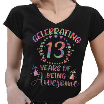 13 Years Of Being Awesome 13 Years Old 13Th Birthday Tie Dye Women V-Neck T-Shirt - Thegiftio UK