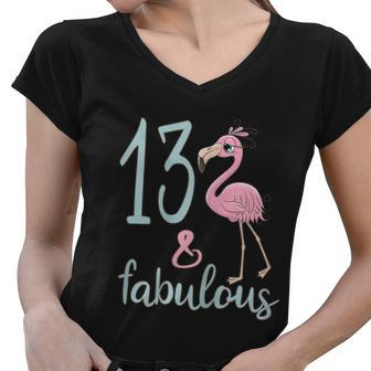 13Th Birthday Flamingo Outfit Girls 13 Year Old Bday Women V-Neck T-Shirt - Monsterry