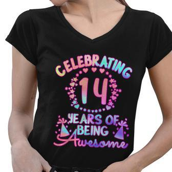 14 Years Of Being Awesome 14 Year Old Birthday Girl Graphic Design Printed Casual Daily Basic Women V-Neck T-Shirt - Thegiftio UK