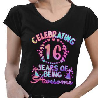 16 Years Of Being Awesome 16 Year Old Birthday Girl Graphic Design Printed Casual Daily Basic Women V-Neck T-Shirt - Thegiftio UK
