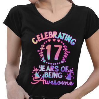 17 Years Of Being Awesome 17 Year Old Birthday Girl Graphic Design Printed Casual Daily Basic Women V-Neck T-Shirt - Thegiftio UK