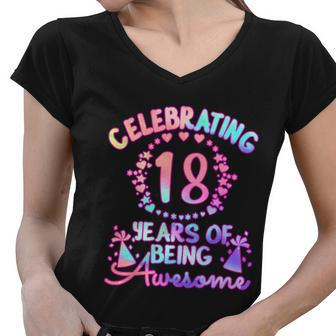 18 Years Of Being Awesome 18 Year Old Birthday Girl Graphic Design Printed Casual Daily Basic Women V-Neck T-Shirt - Thegiftio UK