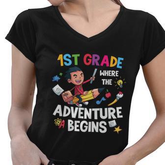 1St Grade Where The Adventure Back To School First Day Of School Women V-Neck T-Shirt - Monsterry UK