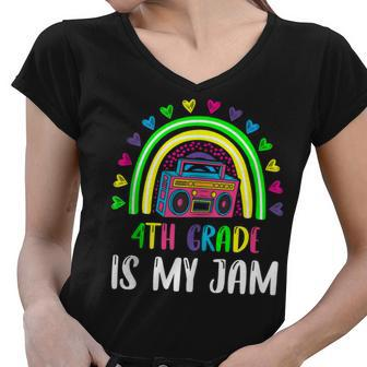 4Th Grade Is My Jam Rainbow Boombox Teacher Student Women V-Neck T-Shirt - Seseable