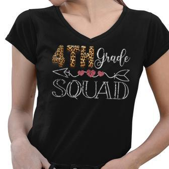 4Th Grade Squad Heart Team Leopard Teacher Crew Student Women V-Neck T-Shirt - Seseable