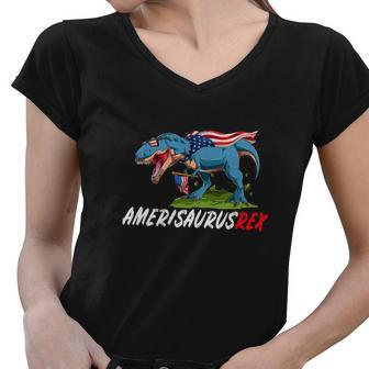 4Th July Trex America Dinosaur Independence Day Women V-Neck T-Shirt - Monsterry