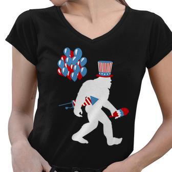 4Th Of July Bigfoot Baloons Firecracker Women V-Neck T-Shirt - Monsterry