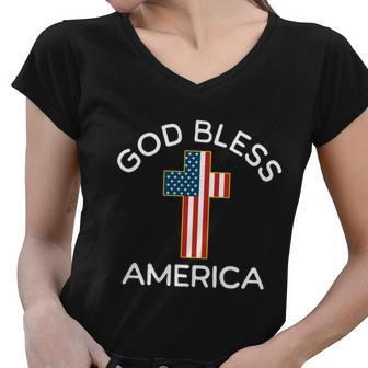 4Th Of July God Bless America Cross Flag Patriotic Religious Gift Women V-Neck T-Shirt - Monsterry AU