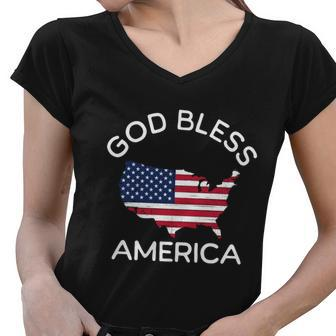 4Th Of July God Bless America Map Flag Patriotic Religious Gift Women V-Neck T-Shirt - Monsterry AU