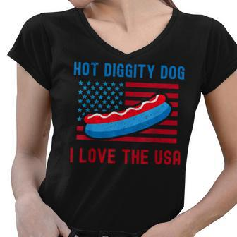 4Th Of July Hot Diggity Dog I Love The Usa Funny Hot Dog Women V-Neck T-Shirt - Seseable