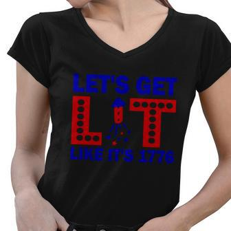 4Th Of July Lets Get Lit Fire Work Proud American Women V-Neck T-Shirt - Monsterry