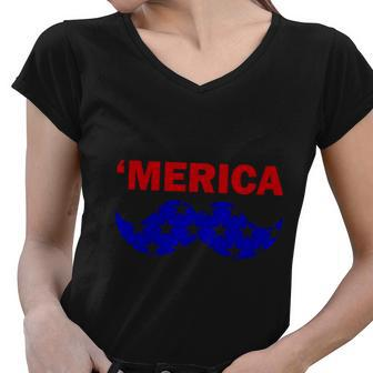 4Th Of July Merica Bearded American Flag Women V-Neck T-Shirt - Monsterry