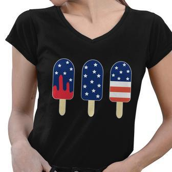 4Th Of July Popsicle Red White Blue American Flag Women V-Neck T-Shirt - Monsterry DE