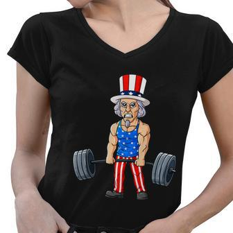 4Th Of July Uncle Sam Weightlifting Funny Deadlift Fitness Women V-Neck T-Shirt - Monsterry