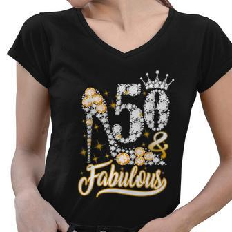 50 & Fabulous 50 Years Old 50Th Birthday Diamond Crown Shoes Tshirt Women V-Neck T-Shirt - Monsterry