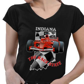 500 Indianapolis Indiana The Race State Checkered Flag Women V-Neck T-Shirt - Monsterry