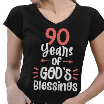 90 Years Of Gods Blessings 90 Year Old Happy 90Th Birthday Women V-Neck T-Shirt - Seseable