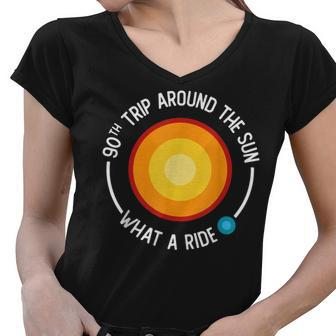 90Th Birthday Retro 90Th Trip Around The Sun What A Ride Women V-Neck T-Shirt - Seseable
