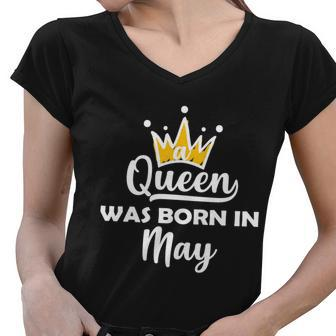 A Queen Was Born In May Birthday Graphic Design Printed Casual Daily Basic Women V-Neck T-Shirt - Thegiftio UK