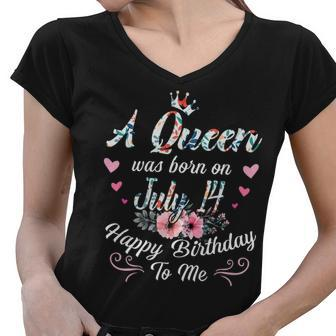 A Queen Was Born On July 14 Happy Birthday To Me Floral Women V-Neck T-Shirt - Seseable