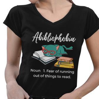 Abibliophobia Book Lover Cat Reading Funny Gift Women V-Neck T-Shirt - Monsterry UK