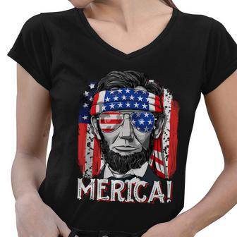 Abraham Lincoln 4Th Of July Merica Men Women American Flag Women V-Neck T-Shirt - Monsterry