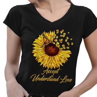 Accept Understand Love Sunflower Autism Women V-Neck T-Shirt - Monsterry DE