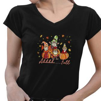 Ahhhh Fall Gnomes Pumpkins Gift Women V-Neck T-Shirt - Seseable